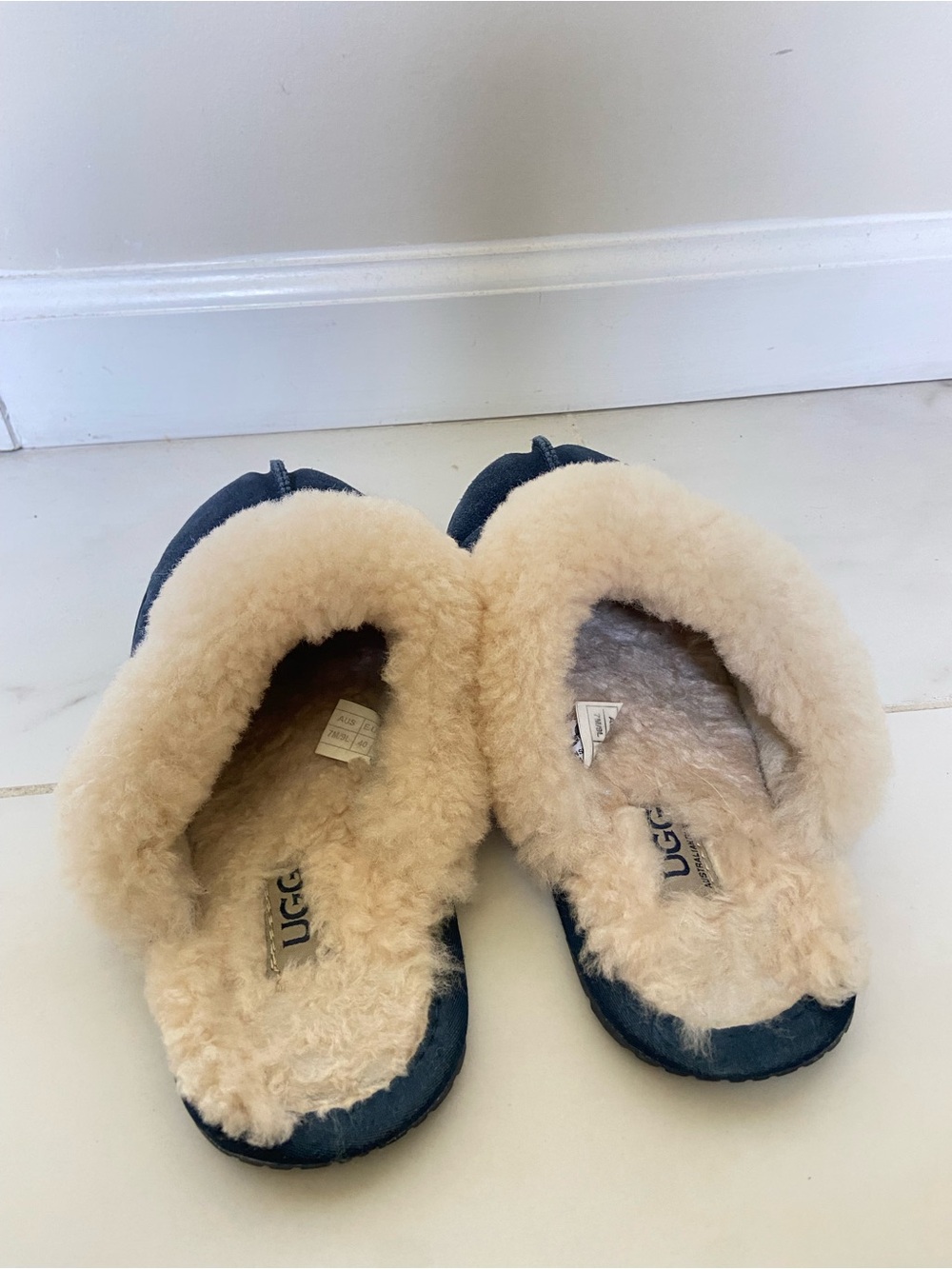 UGG Navy Suede Slip-On Slippers with Cream Shearling